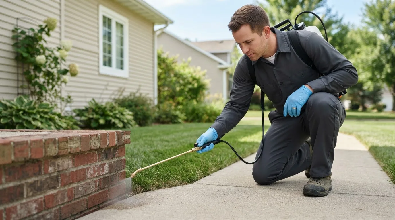 Pest control technician treating a home near Alma, AR
