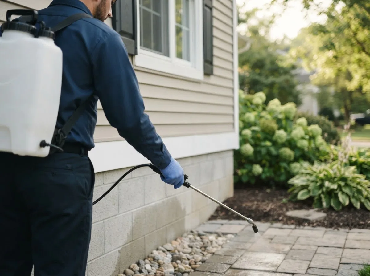 Pest control technician inspecting a home in Alma, AR